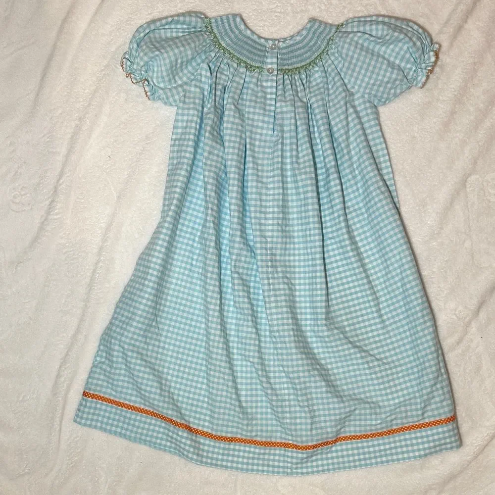 EUC silly goose Blue Gingham Dress with Pumpkin smocking size 6